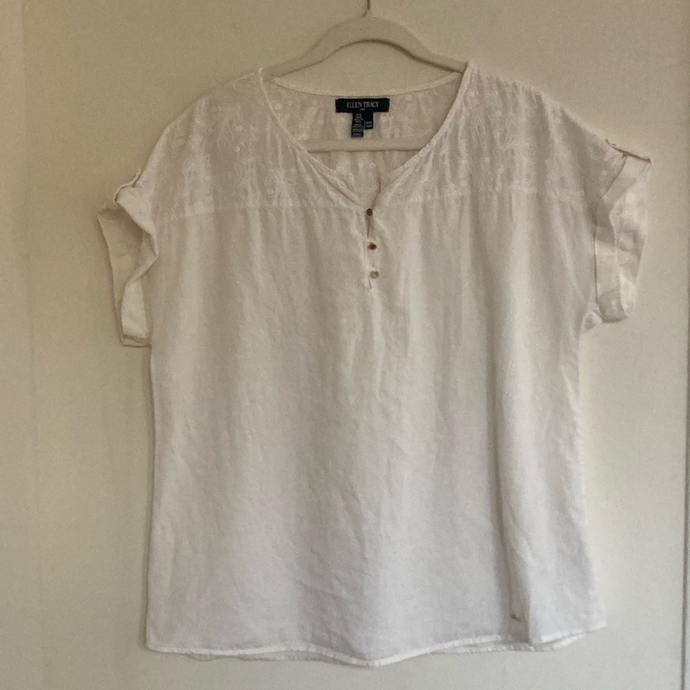 Ellen Tracy Womens Linen Top Size XL Gauzy Breathable Lightweight Embroidered